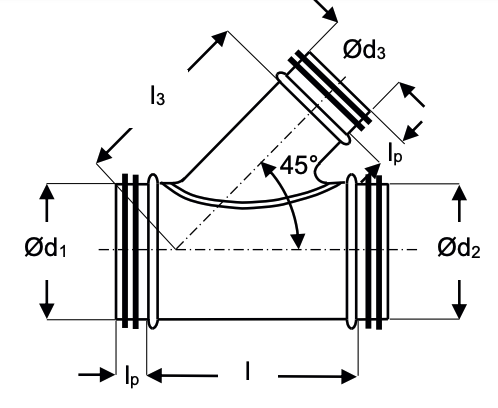 TDG45-150150 - T-stuk 45 graden van staal met afdichtingsrubber - Ø150mm met aftakking Ø150